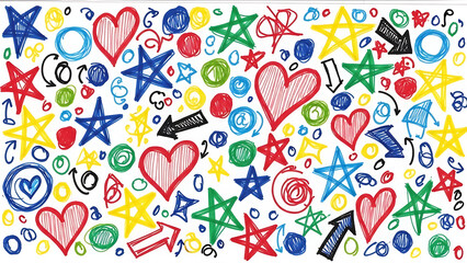 Colorful chaotic doodle pattern background featuring hand drawn hearts stars arrows and geometric shapes