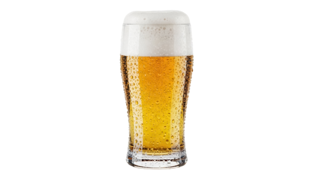 Refreshing golden beer in a glass with foam isolated PNG, alcoholic beverage for celebrations and social gatherings on transparent background