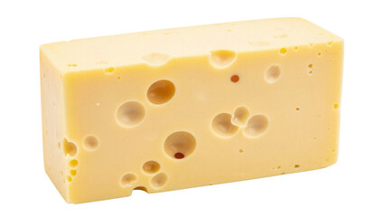 Block of Swiss cheese isolated PNG, yellow dairy product with holes on transparent background, gourmet food for cooking and snacking