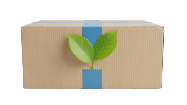 Cardboard box with green leaves isolated PNG, eco-friendly packaging concept for sustainable shipping and delivery on transparent background