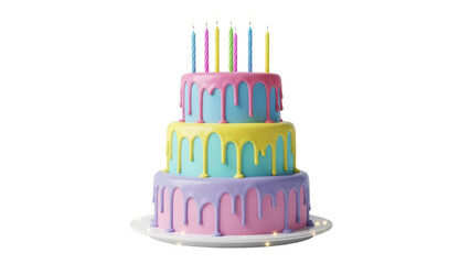Colorful three-tiered birthday cake with candles isolated PNG, festive dessert for celebration on transparent background