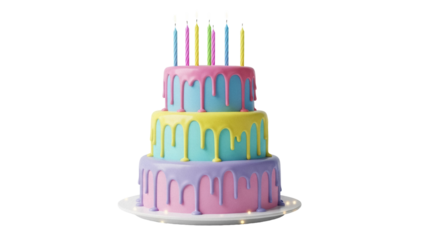 Colorful three-tiered birthday cake with candles isolated PNG, festive dessert for celebration on transparent background