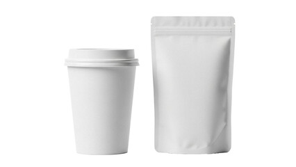 Blank white coffee cup with lid and pouch bag isolated PNG, mockup for branding and packaging design on transparent background