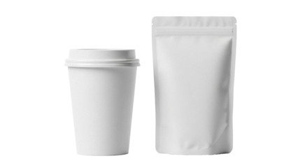 Blank white coffee cup with lid and pouch bag isolated PNG, mockup for branding and packaging design on transparent background