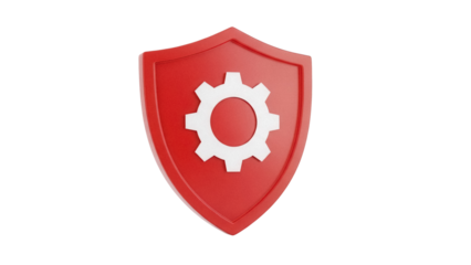 Red shield with gear isolated PNG, security and protection concept on transparent background, settings and configuration icon