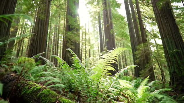 Towering trees and sunlight filtering through a green forest canopy