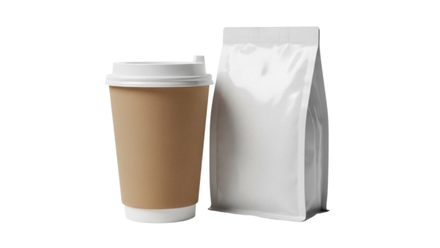 Kraft paper coffee cup with lid and blank foil bag isolated PNG, takeaway beverage and product packaging mockup on transparent background