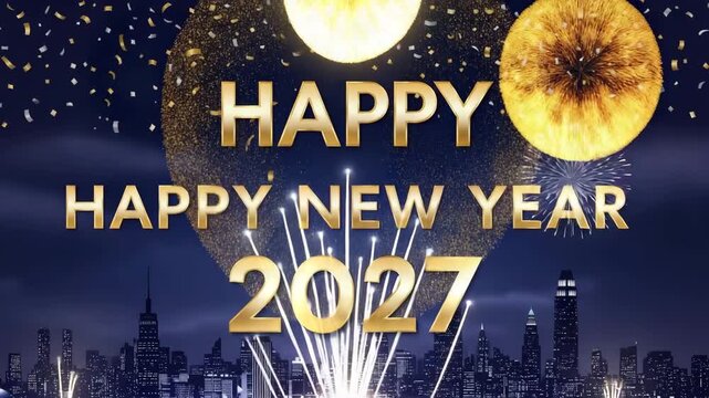 Celebrate Happy New Year 2027 with vibrant fireworks and city skyline in gold and blue, happy new year, happy new year 2027, new year celebrations 2027, new year, 2027,