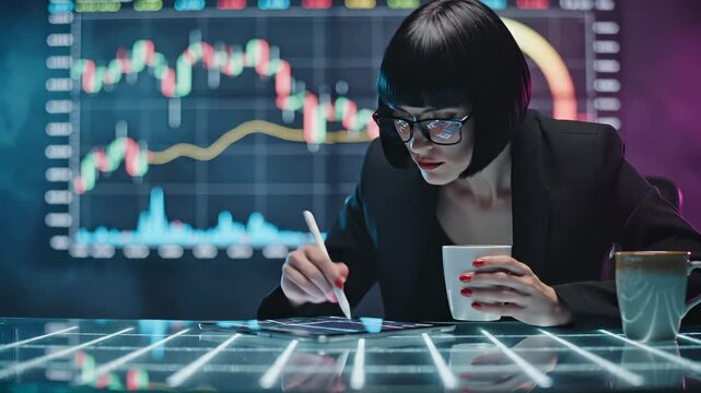 Trader analyzes stock market data on screen. This woman, a financial analyst, watches market data. The trader works with stock chart using her tablet in a futuristic office. Stock market trading conce