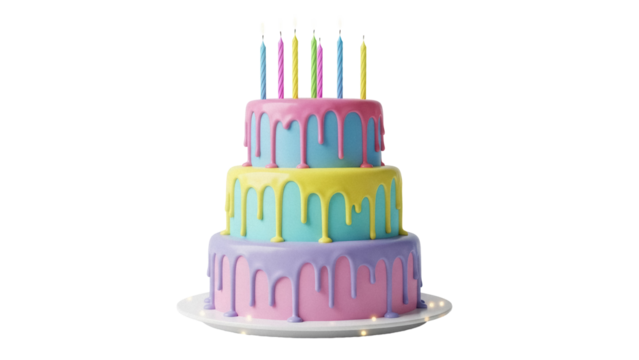 Colorful three-tiered birthday cake with candles isolated PNG, festive dessert for celebration on transparent background - Powered by Adobe