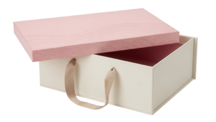 Elegant light pink gift box with handles isolated PNG, luxury packaging for presents and special occasions on transparent background