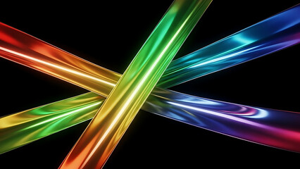 Abstract chrome ribbons crossing over black background with vibrant rainbow spectral colors