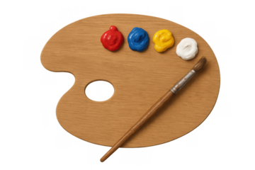Wood artist palette holding blobs of red, blue, yellow, and white paint with a brush, symbolizing creativity and art