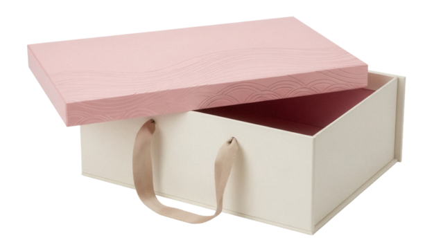 Elegant light pink gift box with handles isolated PNG, luxury packaging for presents and special occasions on transparent background