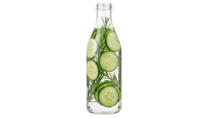 Refreshing cucumber and rosemary infused water in a glass bottle isolated PNG, healthy detox drink for wellness and hydration