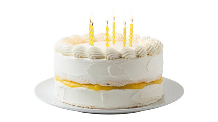 Delicious two-layer cake with yellow filling and lit candles isolated PNG, birthday celebration dessert for party and special occasions