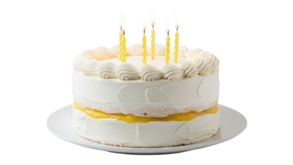 Delicious two-layer cake with yellow filling and lit candles isolated PNG, birthday celebration dessert for party and special occasions