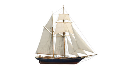 Sailing ship with white sails isolated PNG on transparent background, tall ship model for nautical themes and historical projects