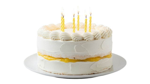 Delicious two-layer cake with yellow filling and lit candles isolated PNG, birthday celebration dessert for party and special occasions - Powered by Adobe