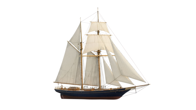 Sailing ship with white sails isolated PNG on transparent background, tall ship model for nautical themes and historical projects