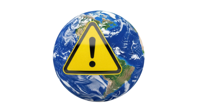 Earth globe with yellow warning sign isolated PNG, global risk concept for environmental issues and climate change awareness