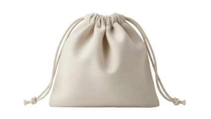 Beige drawstring bag PNG isolated on transparent background, small cotton pouch for jewelry, gifts, or party favors