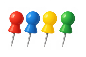 Colorful thumbtacks row presenting organization and planning on office stationery essentials on transparent background