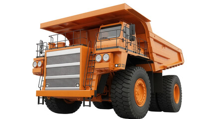 Orange mining truck PNG isolated on transparent background, heavy machinery for construction and industrial use