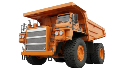 Orange mining truck PNG isolated on transparent background, heavy machinery for construction and industrial use