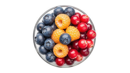 Overhead view of blueberries, golden raspberries, and cranberries in a glass bowl isolated PNG, colorful fruit assortment on transparent background