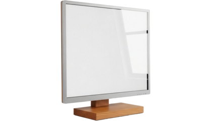 Modern silver monitor with wooden stand isolated PNG, blank screen display for presentations and graphic design projects on transparent background