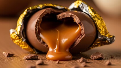 A chocolate egg, partially unwrapped, reveals a gooey caramel center spilling out.