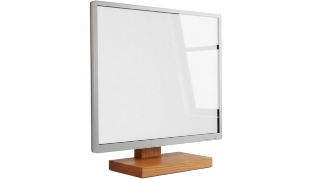 Modern silver monitor with wooden stand isolated PNG, blank screen display for presentations and graphic design projects on transparent background