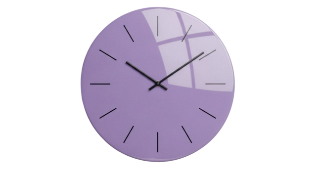 Modern lavender wall clock isolated PNG, minimalist design with black hands and markers on transparent background, timekeeping for home decor - Powered by Adobe