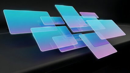 Modern user interface concept with overlapping translucent holographic gradient screens and dark background.