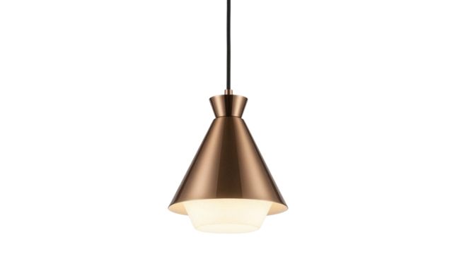 Modern copper pendant light isolated PNG on transparent background, contemporary hanging lamp for interior design and home decor