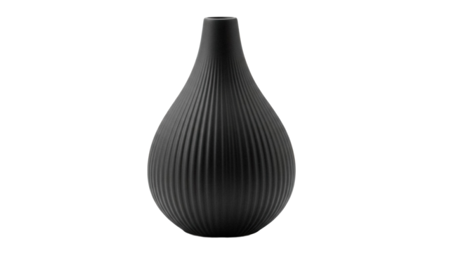 Elegant black ceramic vase isolated PNG on transparent background, modern home decor object for interior design and floral arrangements