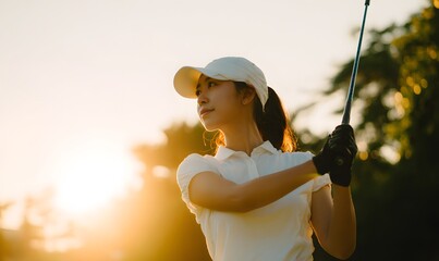 famous golfer on golf course. Private lesson with beautiful asian female golfer