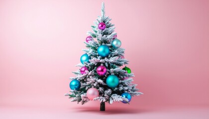 Charming Christmas tree sparkling with colorful ornaments against a soft pink backdrop ready to bring holiday cheer and festive vibes to your project