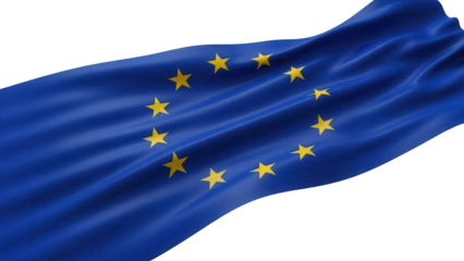 Waving European Union flag PNG isolated on transparent background, blue and yellow EU flag for political and patriotic designs