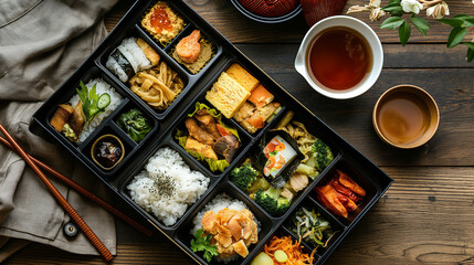 Traditional Japanese bento box with tea on wooden table