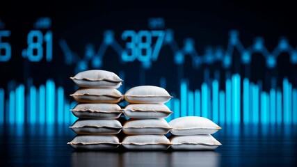 Stack of white cement bags and sandbags piled on dark surface with blue digital financial graph background symbolizing construction material industry growth and packaging product stability - Powered by Adobe