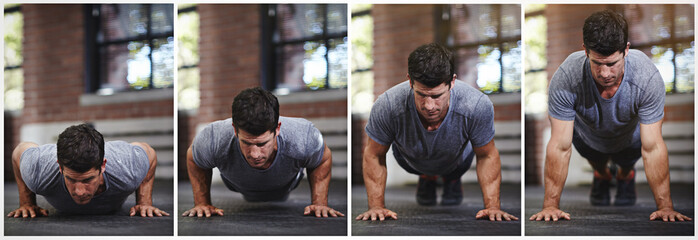 Bodybuilder, collage and man in gym, push ups and workout for body strength with endurance or health. Training, montage and person on floor with balance, fitness and exercise for muscle development