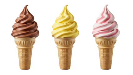Three soft serve ice cream cones isolated PNG, chocolate vanilla strawberry flavors on transparent background, summer dessert treat