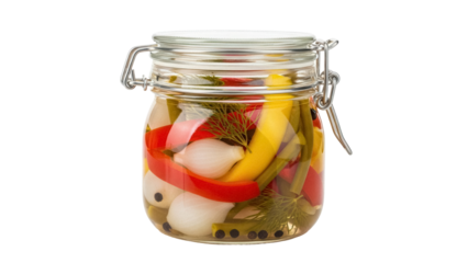 Pickled vegetables in a glass jar isolated PNG, homemade marinated colorful mix of onions, peppers, and beans for food preservation
