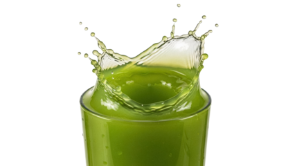 Green juice splashing in a glass isolated PNG, healthy drink with vibrant color on transparent background for nutrition and refreshment