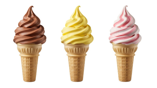 Three soft serve ice cream cones isolated PNG, chocolate vanilla strawberry flavors on transparent background, summer dessert treat