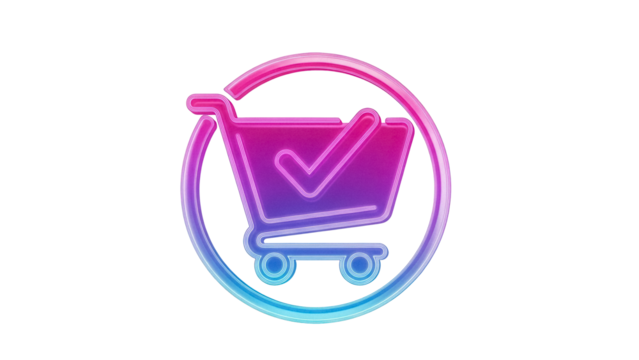 Gradient shopping cart with check mark isolated PNG, online purchase confirmation icon for e-commerce and digital marketing design