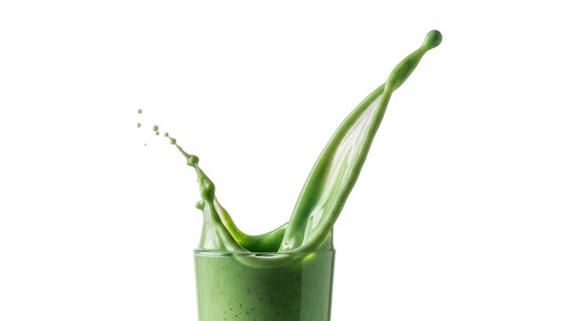 Green smoothie splash in glass isolated PNG on transparent background, healthy drink for detox and nutrition