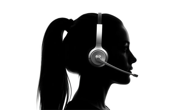 Silhouette of a woman with headset isolated PNG on transparent background, customer service representative or call center agent
